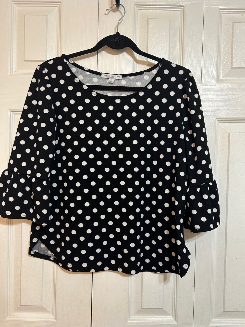Large Green Envelope Black & White Polka Dot Scoop Neck Blouse